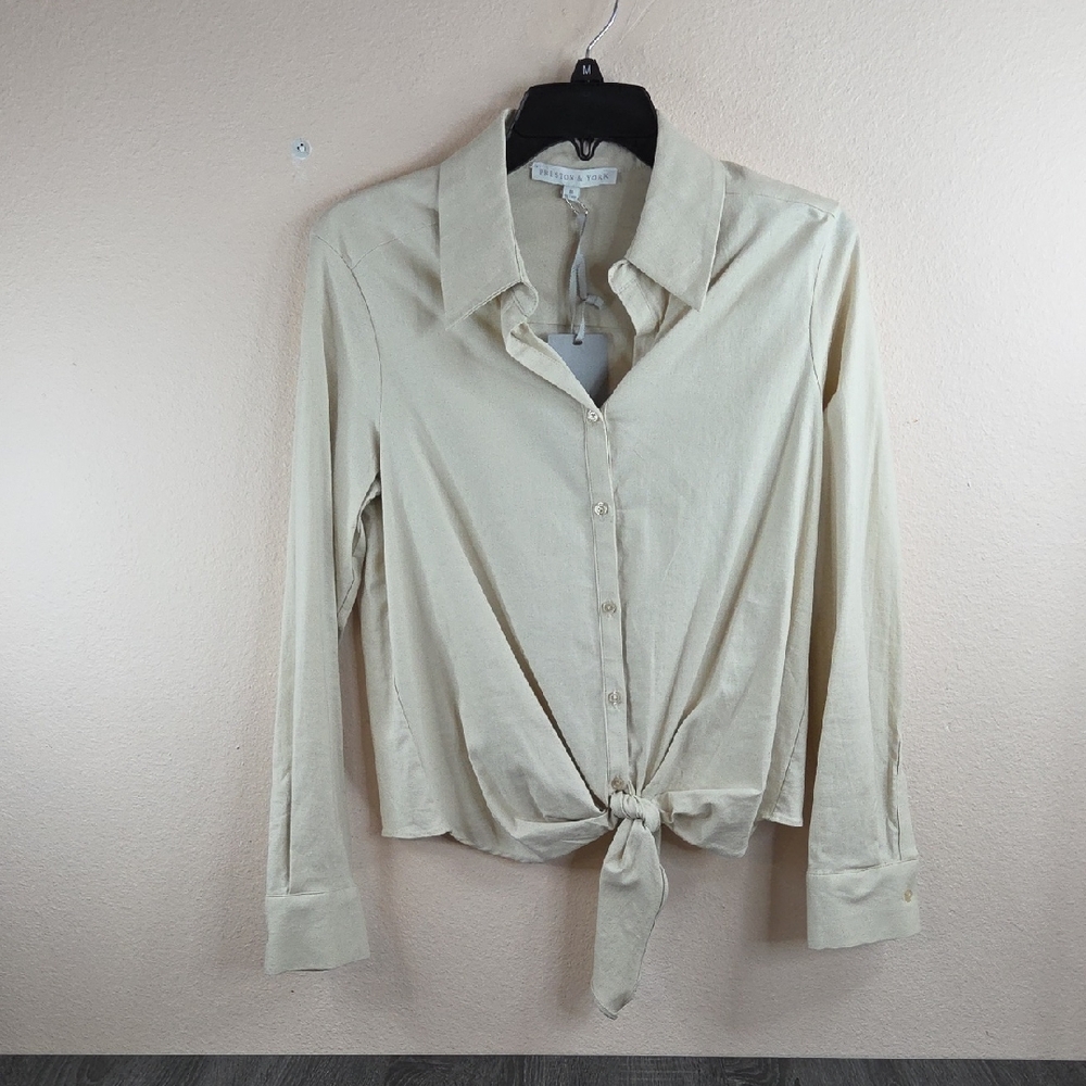 Preston&York Wov Kinsley Linen Womans Long Sleeve Top Medium Collard Oatmeal